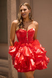 A Line Strapless Corset Tiered Red Short Prom Dress with Bows