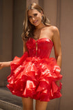 A Line Strapless Corset Tiered Red Short Prom Dress with Bows
