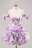 Purple A Line Off The Shoulder Printed Corset Short Prom Dress with Ruffles