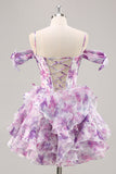 Purple A Line Off The Shoulder Printed Corset Short Prom Dress with Ruffles