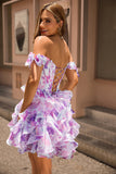 Purple A Line Off The Shoulder Printed Corset Short Prom Dress with Ruffles