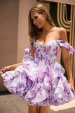 Purple A Line Off The Shoulder Printed Corset Short Prom Dress with Ruffles