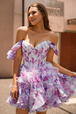 Purple A Line Off The Shoulder Printed Corset Short Prom Dress with Ruffles
