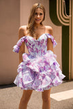 Purple A Line Off The Shoulder Printed Corset Short Prom Dress with Ruffles