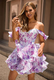 Purple A Line Off The Shoulder Printed Corset Short Prom Dress with Ruffles
