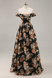 Black Flower A-Line Off The Shoulder Corset Ruched Maxi Dress with Beading