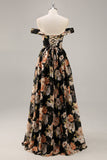 Black Flower A-Line Off The Shoulder Corset Ruched Maxi Dress with Beading