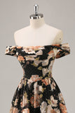 Black Flower A-Line Off The Shoulder Corset Ruched Maxi Dress with Beading
