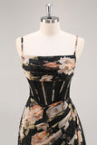 Black Flower Sheath Corset Ruched Beaded Maxi Dress with Slit