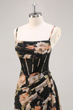 Black Flower Sheath Corset Ruched Beaded Maxi Dress with Slit