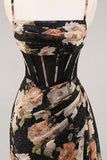 Black Flower Sheath Corset Ruched Beaded Maxi Dress with Slit