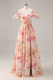 Pink Flower A-Line Cold Shoulder Long Bridesmaid Dress with Slit