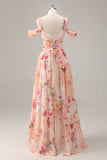 Pink Flower A-Line Cold Shoulder Long Bridesmaid Dress with Slit