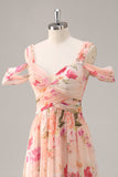 Pink Flower A-Line Cold Shoulder Long Bridesmaid Dress with Slit
