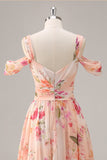 Pink Flower A-Line Cold Shoulder Long Bridesmaid Dress with Slit