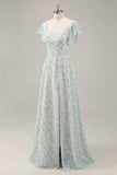 A-Line Square Neck Blue Flower Long Bridesmaid Dress with Slit