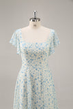 A-Line Square Neck Blue Flower Long Bridesmaid Dress with Slit