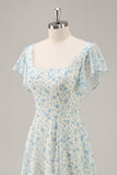 A-Line Square Neck Blue Flower Long Bridesmaid Dress with Slit