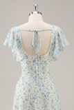 A-Line Square Neck Blue Flower Long Bridesmaid Dress with Slit
