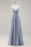 Dusty Blue A-Line Spaghetti Straps Ruched Long Bridesmaid Dress with Slit