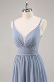 Dusty Blue A-Line Spaghetti Straps Ruched Long Bridesmaid Dress with Slit