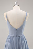 Dusty Blue A-Line Spaghetti Straps Ruched Long Bridesmaid Dress with Slit