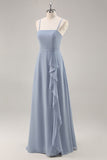 Dusty Blue A-Line Spaghetti Straps Chiffon Long Bridesmaid Dress with Ruffle Slit