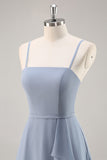 Dusty Blue A-Line Spaghetti Straps Chiffon Long Bridesmaid Dress with Ruffle Slit