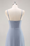 Dusty Blue A-Line Spaghetti Straps Chiffon Long Bridesmaid Dress with Ruffle Slit