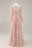 Pink Flower A-Line V Neck Backless Long Bridesmaid Dress with Slit