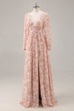Pink Flower A-Line V Neck Backless Long Bridesmaid Dress with Slit