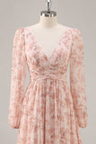 Pink Flower A-Line V Neck Backless Long Bridesmaid Dress with Slit