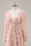 Pink Flower A-Line V Neck Backless Long Bridesmaid Dress with Slit