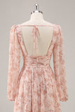 Pink Flower A-Line V Neck Backless Long Bridesmaid Dress with Slit