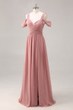 Dusty Rose A Line Cold Shoulder Chiffon Long Bridesmaid Dress with Slit