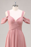 Dusty Rose A Line Cold Shoulder Chiffon Long Bridesmaid Dress with Slit