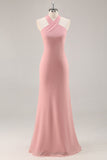 Blush Sheath Halter Chiffon Long Bridesmaid Dress