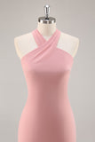 Blush Sheath Halter Chiffon Long Bridesmaid Dress