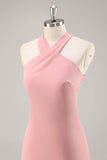 Blush Sheath Halter Chiffon Long Bridesmaid Dress