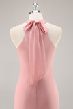 Blush Sheath Halter Chiffon Long Bridesmaid Dress