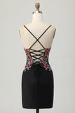 Sparkly Black Bodycon Floral Spaghetti Straps Mini Prom Dress