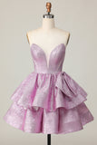 Glitter Light Purple A Line Strapless Tiered Short Prom Dress with Bow