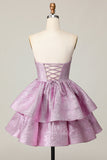 Glitter Light Purple A Line Strapless Tiered Short Prom Dress with Bow