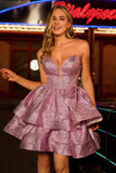 Glitter Light Purple A Line Strapless Tiered Short Prom Dress with Bow