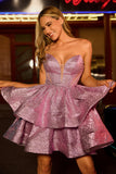 Glitter Light Purple A Line Strapless Tiered Short Prom Dress with Bow