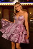 Glitter Light Purple A Line Strapless Tiered Short Prom Dress with Bow