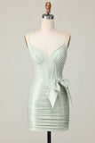 Sage Bodycon Spaghetti Straps Corset Short Prom Dress with Bow