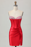 Strapless Red Bodycon Beaded Corset Short Prom Dress with Slit