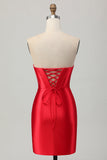 Strapless Red Bodycon Beaded Corset Short Prom Dress with Slit