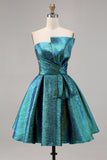 Sparkly Metallic Strapless Peacock Green Ruched A Line Mini Prom Dress